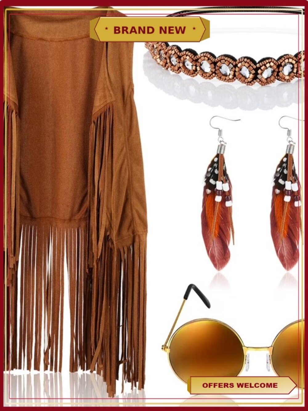 Sleeveless Tassel Vest Boho Headband Earrings Sunglasses Hippie Costume Set